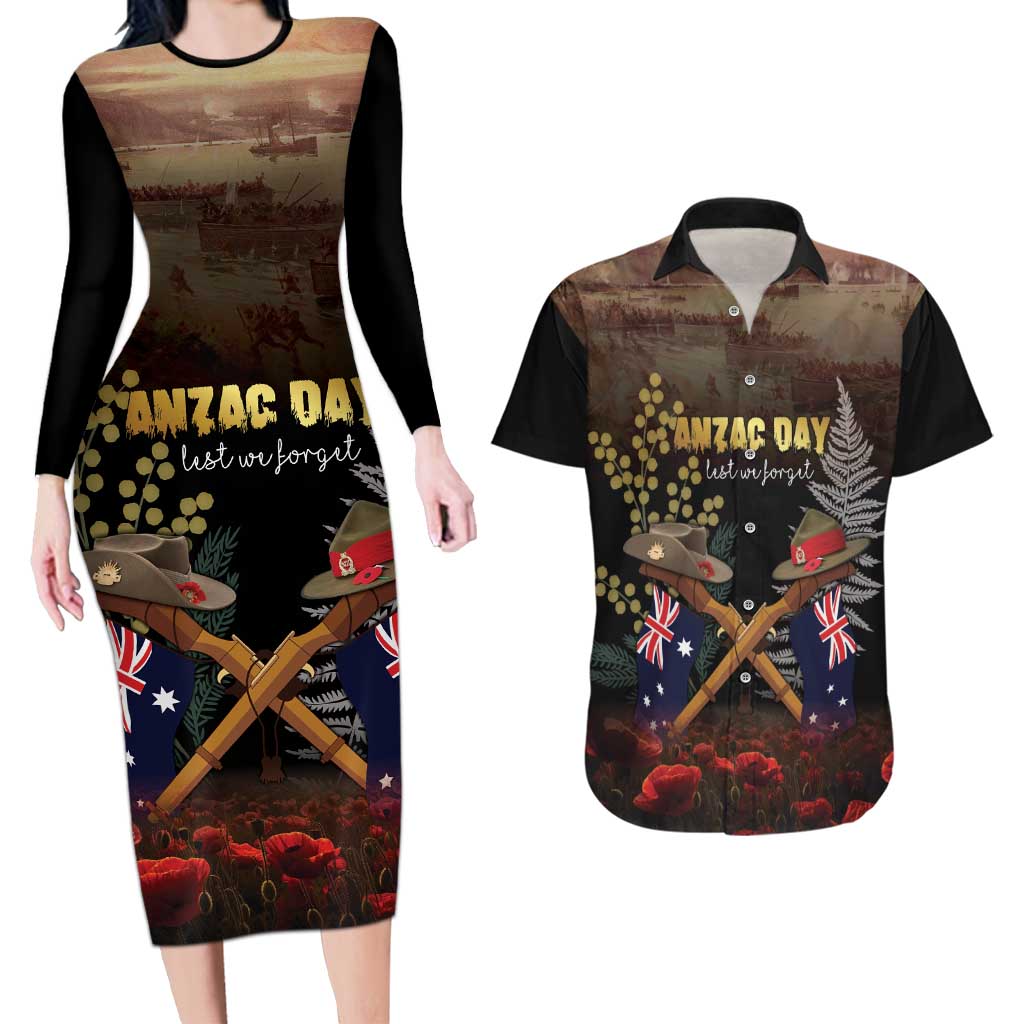 Australia - New Zealand ANZAC Couples Matching Long Sleeve Bodycon Dress and Hawaiian Shirt Gallipoli ANZAC Cove Landing LT7 Black - Polynesian Pride