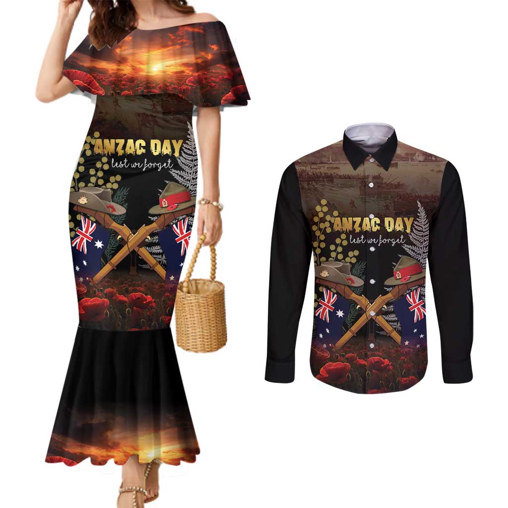Australia - New Zealand ANZAC Couples Matching Mermaid Dress and Long Sleeve Button Shirt Gallipoli ANZAC Cove Landing LT7 Black - Polynesian Pride