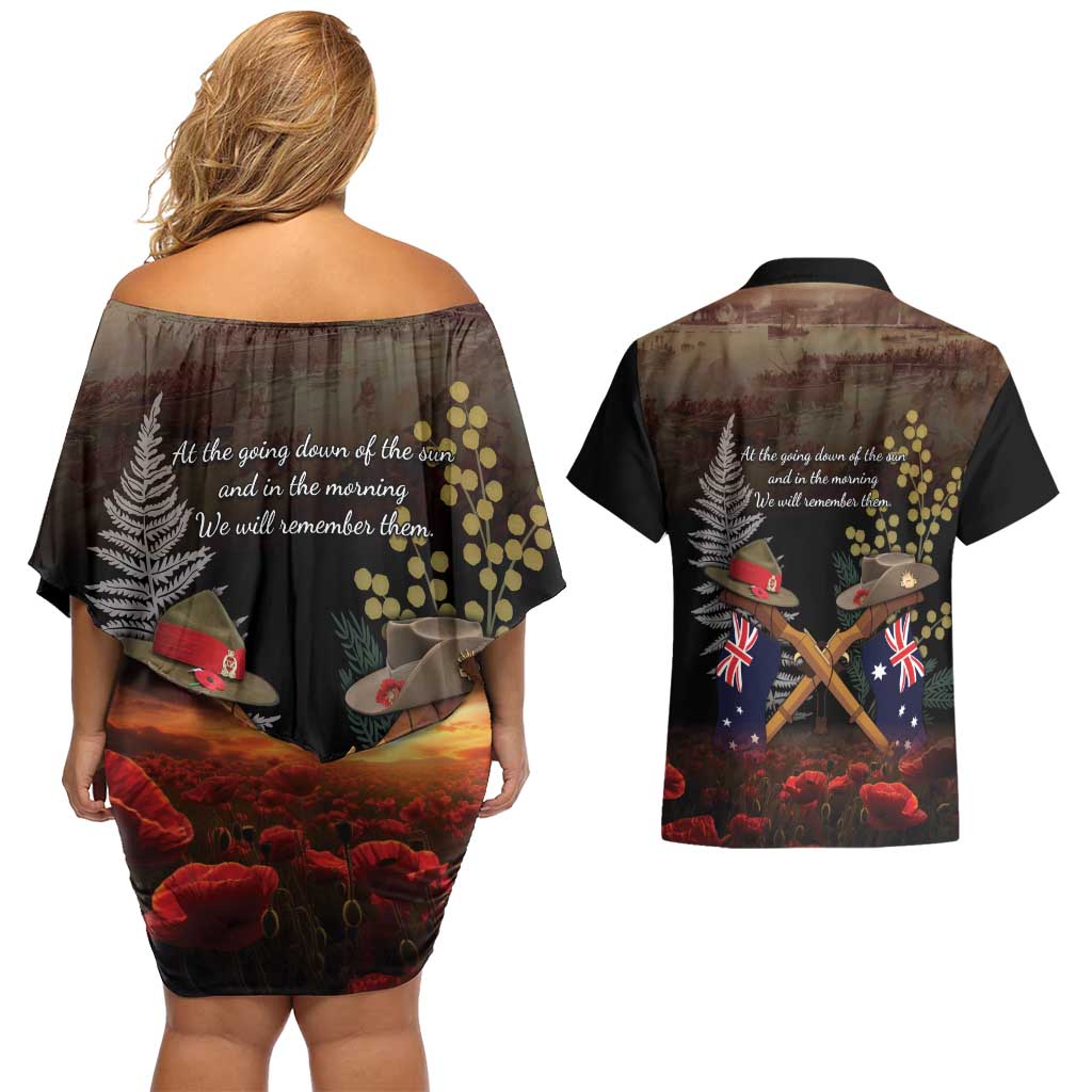 Australia - New Zealand ANZAC Couples Matching Off Shoulder Short Dress and Hawaiian Shirt Gallipoli ANZAC Cove Landing LT7 - Polynesian Pride