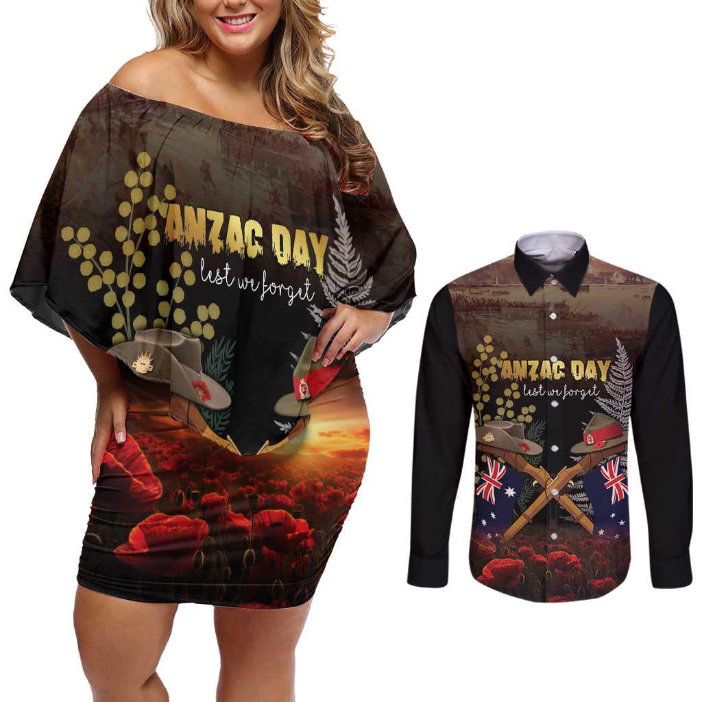 Australia - New Zealand ANZAC Couples Matching Off Shoulder Short Dress and Long Sleeve Button Shirt Gallipoli ANZAC Cove Landing LT7 Black - Polynesian Pride