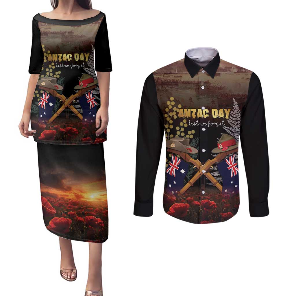 Australia - New Zealand ANZAC Couples Matching Puletasi and Long Sleeve Button Shirt Gallipoli ANZAC Cove Landing LT7 Black - Polynesian Pride