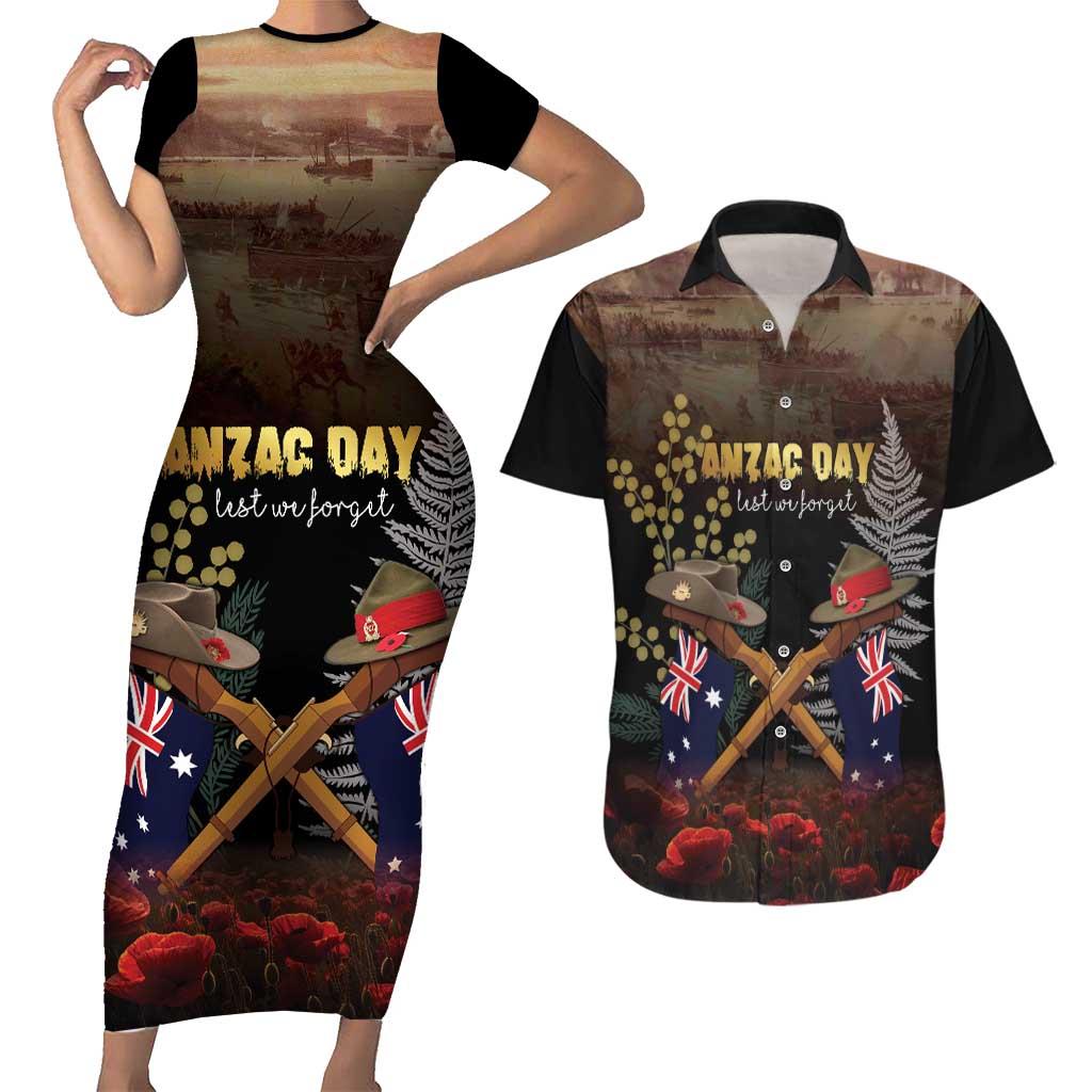 Australia - New Zealand ANZAC Couples Matching Short Sleeve Bodycon Dress and Hawaiian Shirt Gallipoli ANZAC Cove Landing LT7 Black - Polynesian Pride