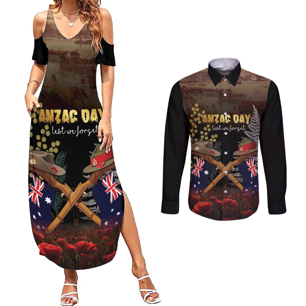 Australia - New Zealand ANZAC Couples Matching Summer Maxi Dress and Long Sleeve Button Shirt Gallipoli ANZAC Cove Landing LT7 Black - Polynesian Pride