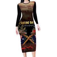 Australia - New Zealand ANZAC Family Matching Long Sleeve Bodycon Dress and Hawaiian Shirt Gallipoli ANZAC Cove Landing LT7 Mom's Dress Black - Polynesian Pride