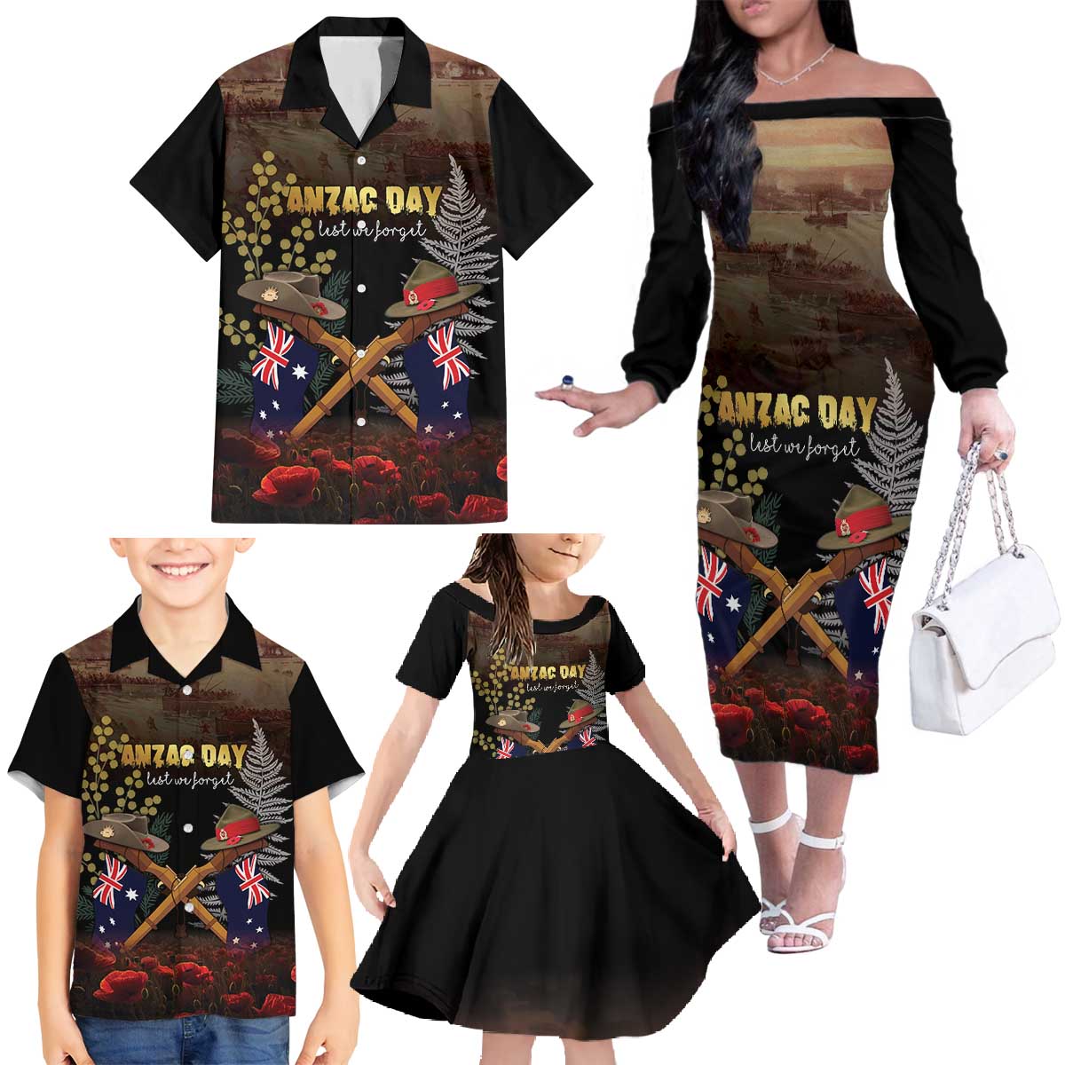 Australia - New Zealand ANZAC Family Matching Off The Shoulder Long Sleeve Dress and Hawaiian Shirt Gallipoli ANZAC Cove Landing LT7 - Polynesian Pride