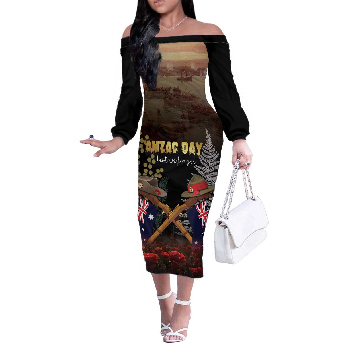 Australia - New Zealand ANZAC Family Matching Off The Shoulder Long Sleeve Dress and Hawaiian Shirt Gallipoli ANZAC Cove Landing LT7 Mom's Dress Black - Polynesian Pride