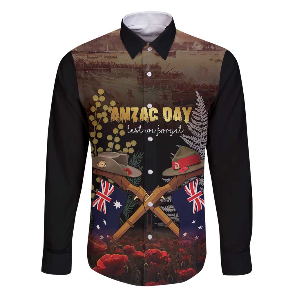 Australia - New Zealand ANZAC Family Matching Off Shoulder Short Dress and Hawaiian Shirt Gallipoli ANZAC Cove Landing LT7 Dad's Shirt - Long Sleeve Black - Polynesian Pride