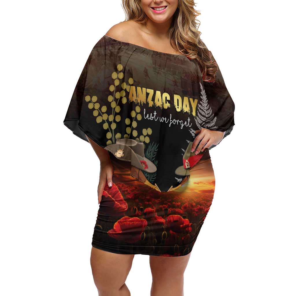 Australia - New Zealand ANZAC Family Matching Off Shoulder Short Dress and Hawaiian Shirt Gallipoli ANZAC Cove Landing LT7 Mom's Dress Black - Polynesian Pride