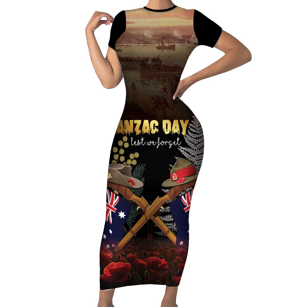 Australia - New Zealand ANZAC Family Matching Short Sleeve Bodycon Dress and Hawaiian Shirt Gallipoli ANZAC Cove Landing LT7 Mom's Dress Black - Polynesian Pride