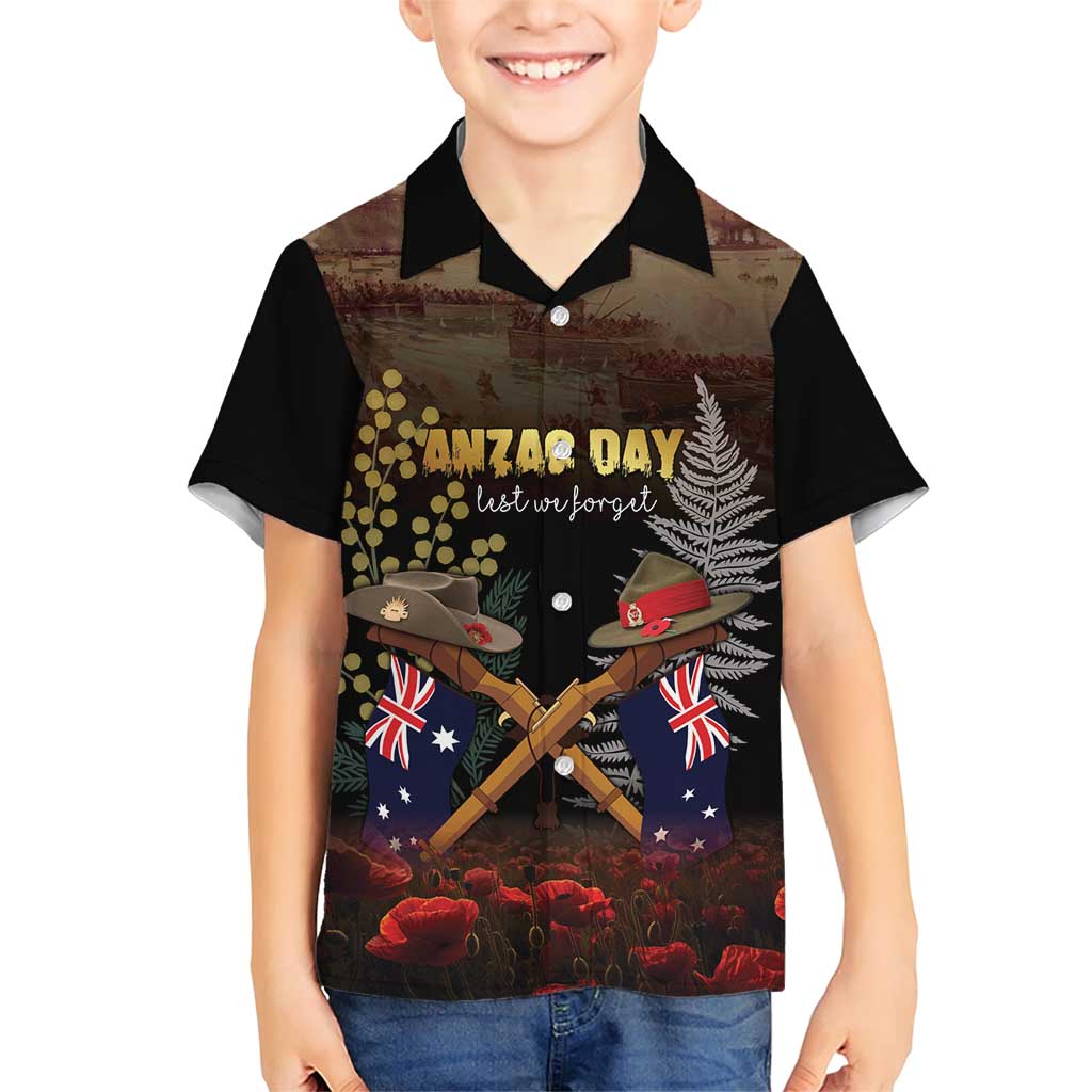 Australia - New Zealand ANZAC Family Matching Short Sleeve Bodycon Dress and Hawaiian Shirt Gallipoli ANZAC Cove Landing LT7 Son's Shirt Black - Polynesian Pride