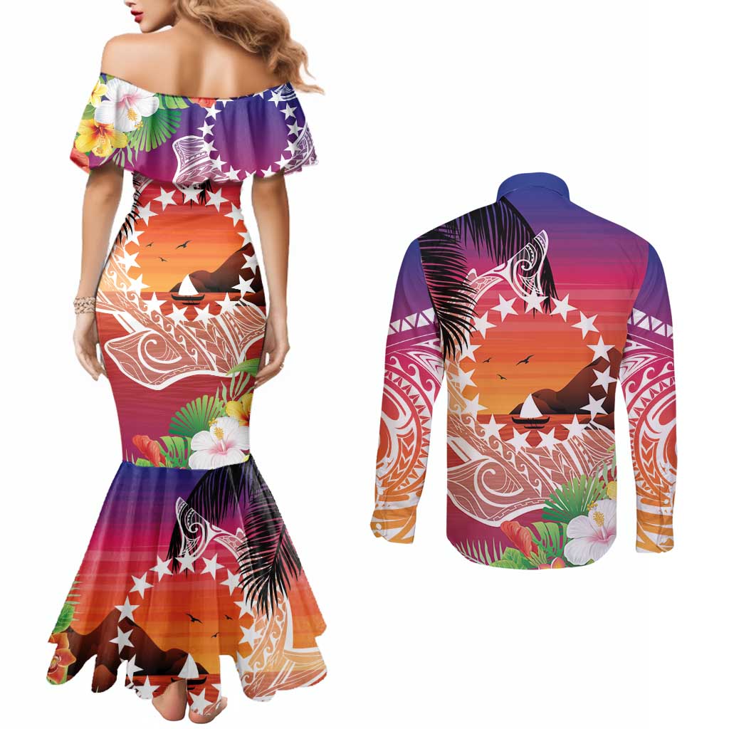 Kia Orana Cook Islands Couples Matching Mermaid Dress and Long Sleeve Button Shirt Sunset Dream LT7 - Polynesian Pride
