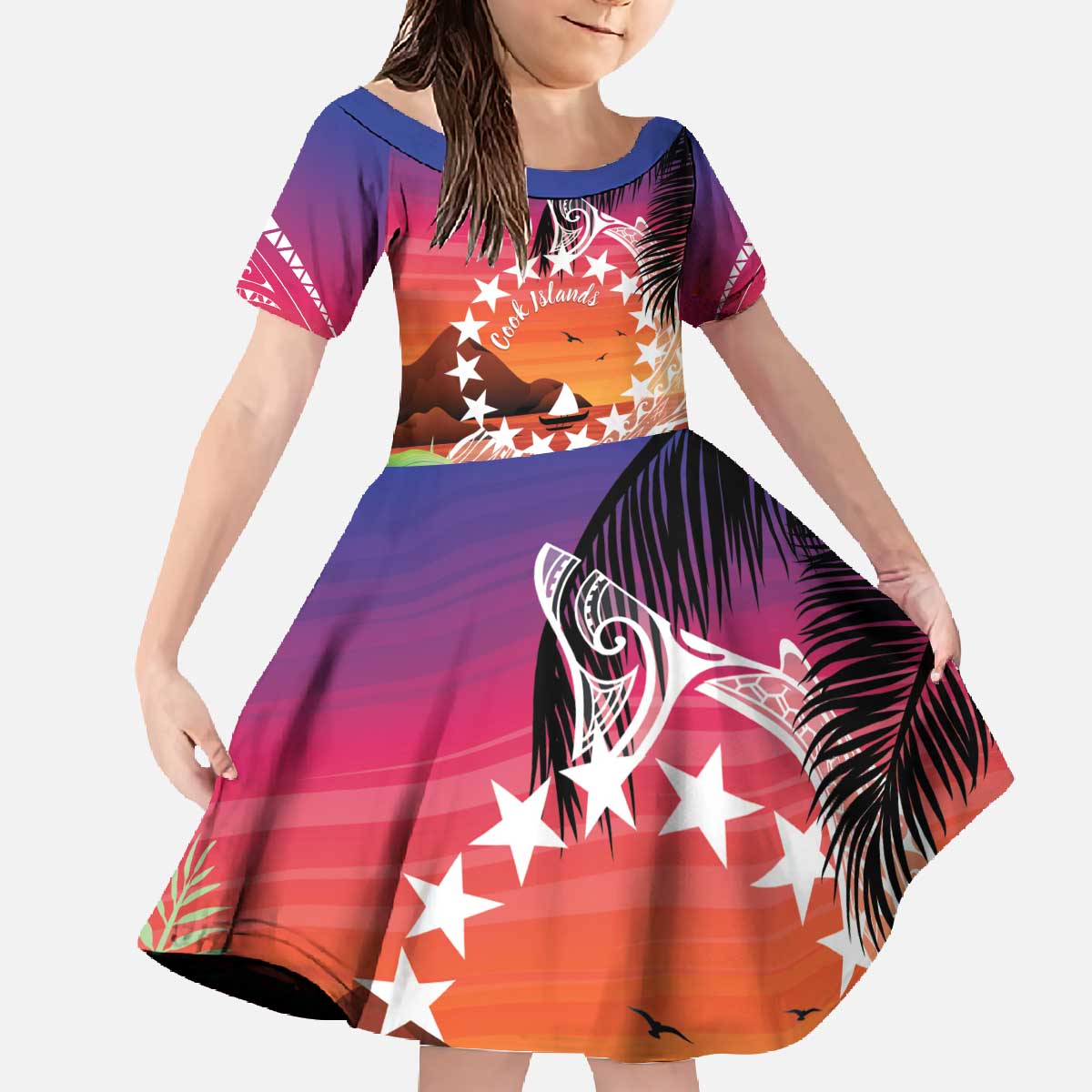 Kia Orana Cook Islands Family Matching Off The Shoulder Long Sleeve Dress and Hawaiian Shirt Sunset Dream LT7 Daughter's Dress Art - Polynesian Pride