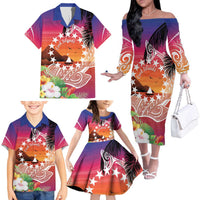 Kia Orana Cook Islands Family Matching Off The Shoulder Long Sleeve Dress and Hawaiian Shirt Sunset Dream LT7 - Polynesian Pride