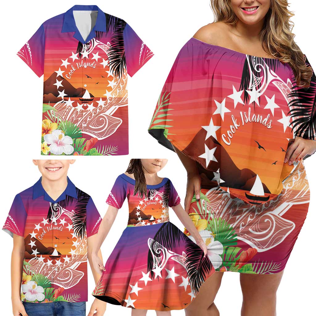 Kia Orana Cook Islands Family Matching Off Shoulder Short Dress and Hawaiian Shirt Sunset Dream LT7 - Polynesian Pride