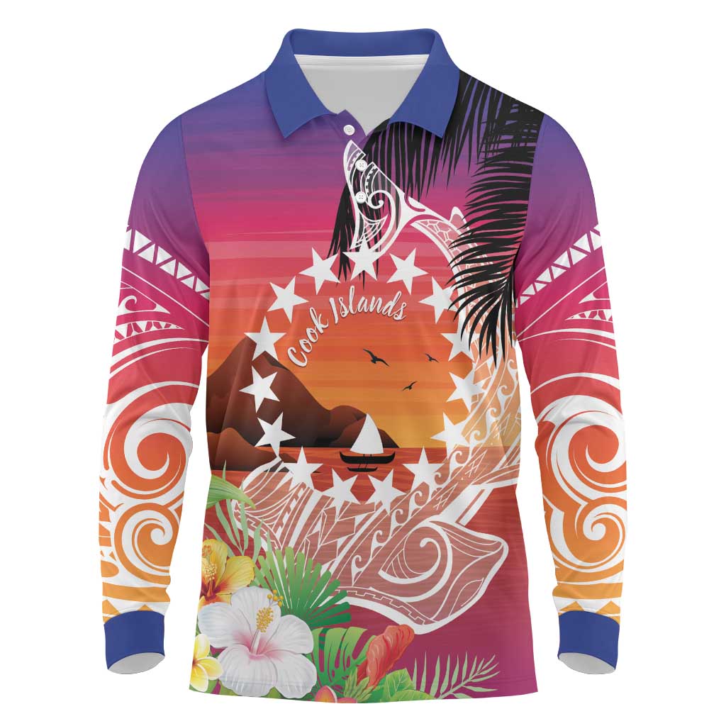 Kia Orana Cook Islands Long Sleeve Polo Shirt Sunset Dream
