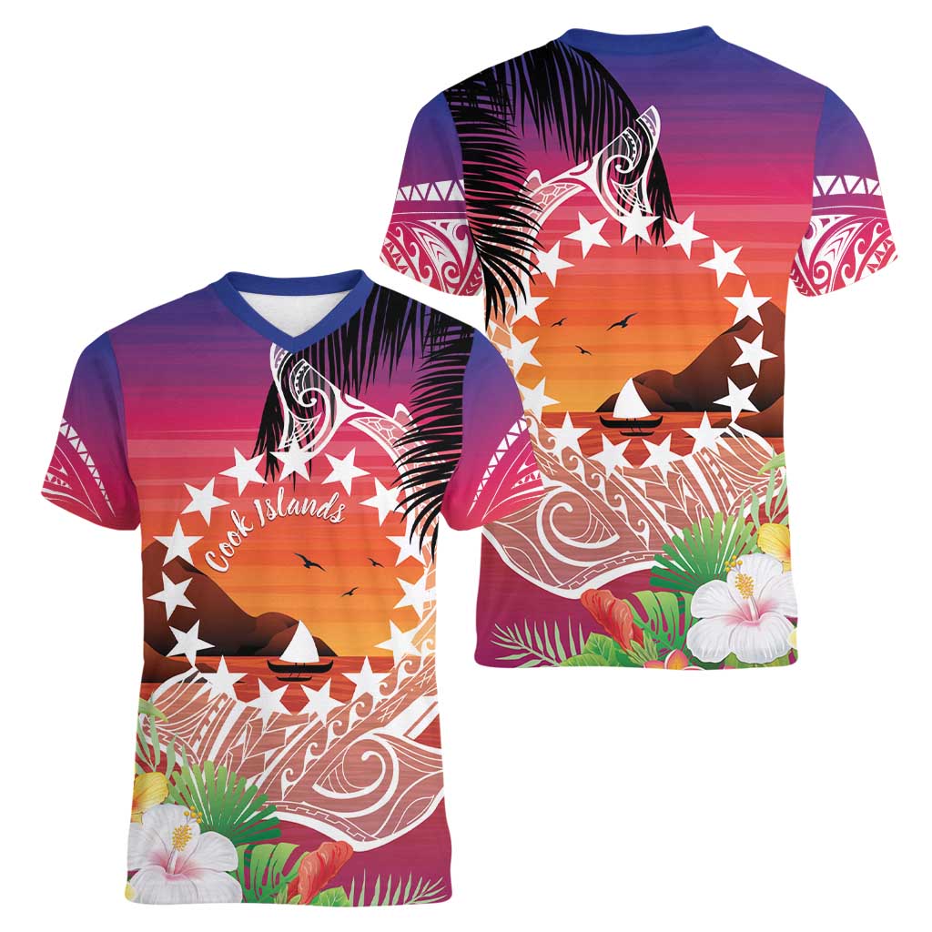 Kia Orana Cook Islands Women V-Neck T-Shirt Sunset Dream