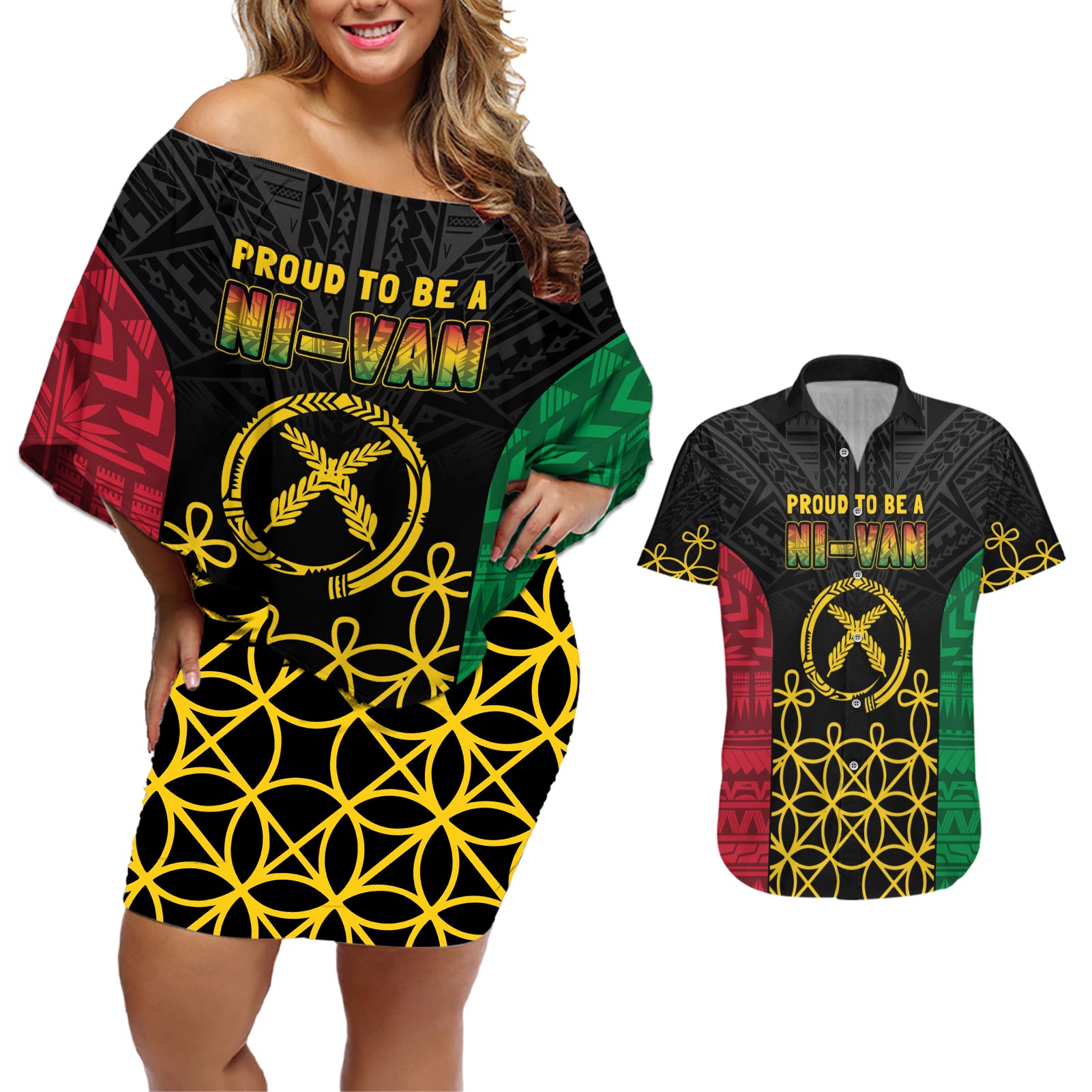 Vanuatu Indipendens Dei Couples Matching Off Shoulder Short Dress and Hawaiian Shirt Tribal Sand Drawing