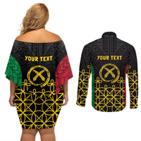 Vanuatu Indipendens Dei Couples Matching Off Shoulder Short Dress and Long Sleeve Button Shirt Tribal Sand Drawing