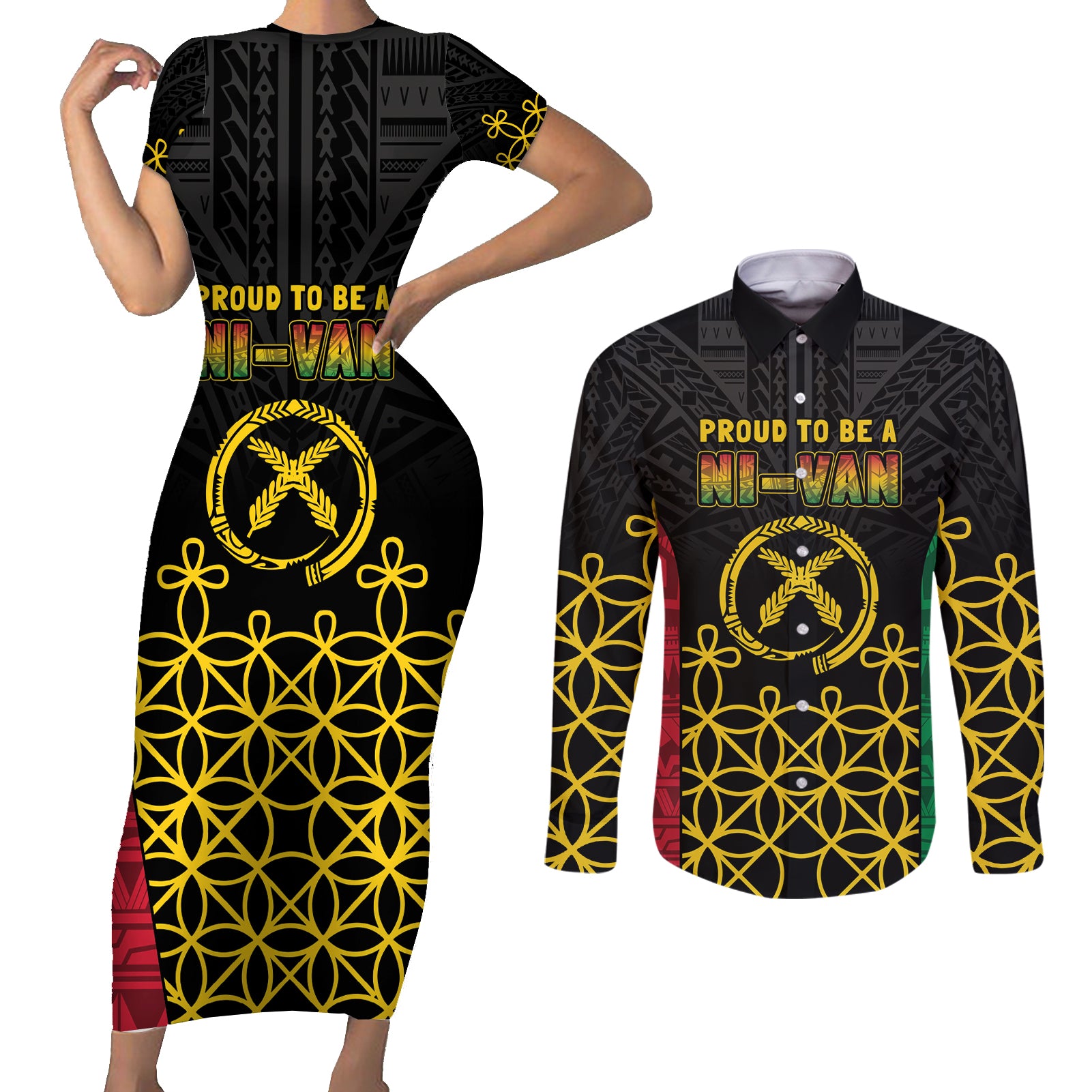 Vanuatu Indipendens Dei Couples Matching Short Sleeve Bodycon Dress and Long Sleeve Button Shirt Tribal Sand Drawing