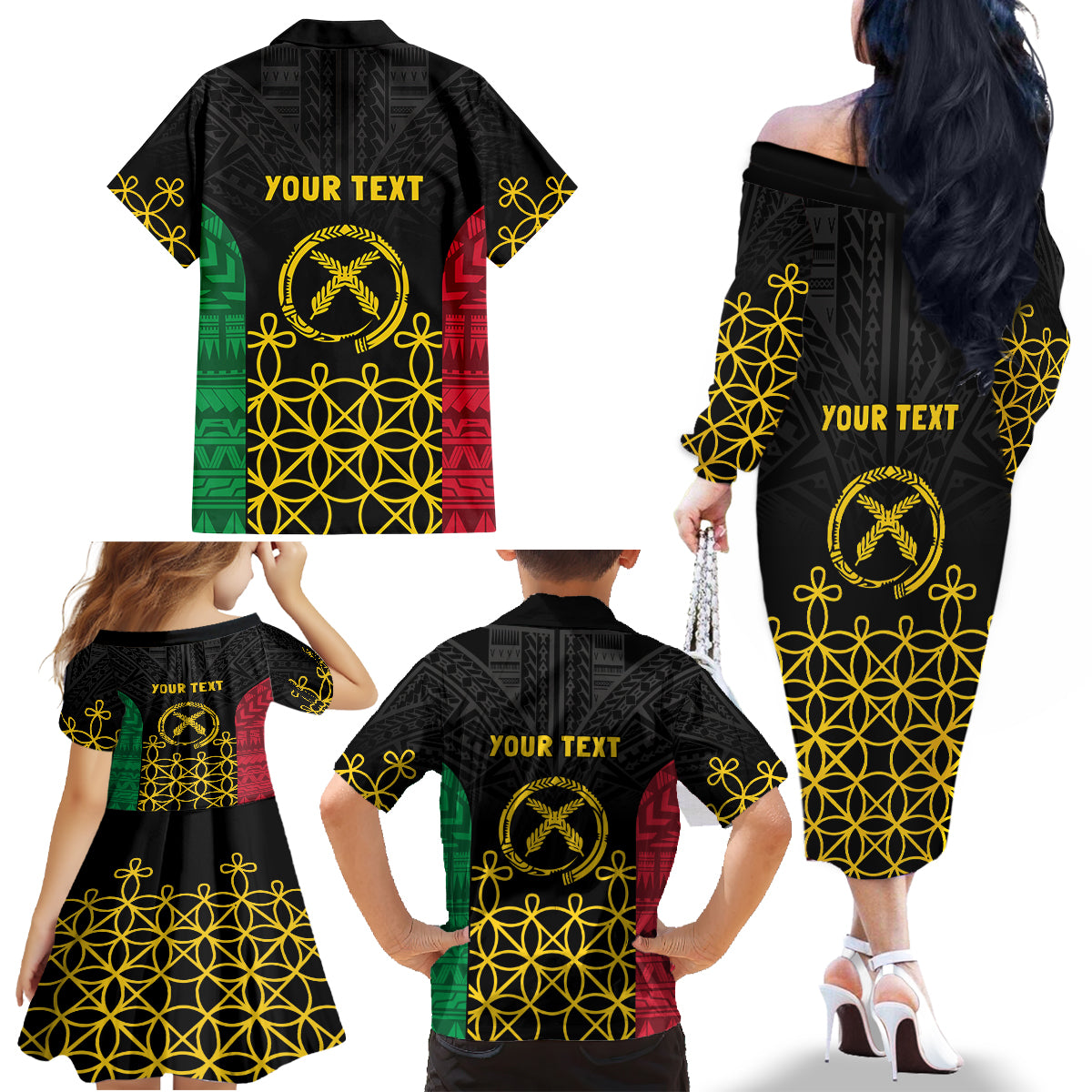Vanuatu Indipendens Dei Family Matching Off The Shoulder Long Sleeve Dress and Hawaiian Shirt Tribal Sand Drawing LT7 - Polynesian Pride