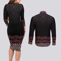 Maori Taniko Patterns Couples Matching Long Sleeve Bodycon Dress and Long Sleeve Button Shirt Brown Niho Taniwha Mix Paatiki Motifs