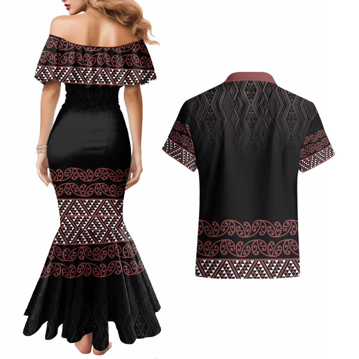 Maori Taniko Patterns Couples Matching Mermaid Dress and Hawaiian Shirt Brown Niho Taniwha Mix Paatiki Motifs