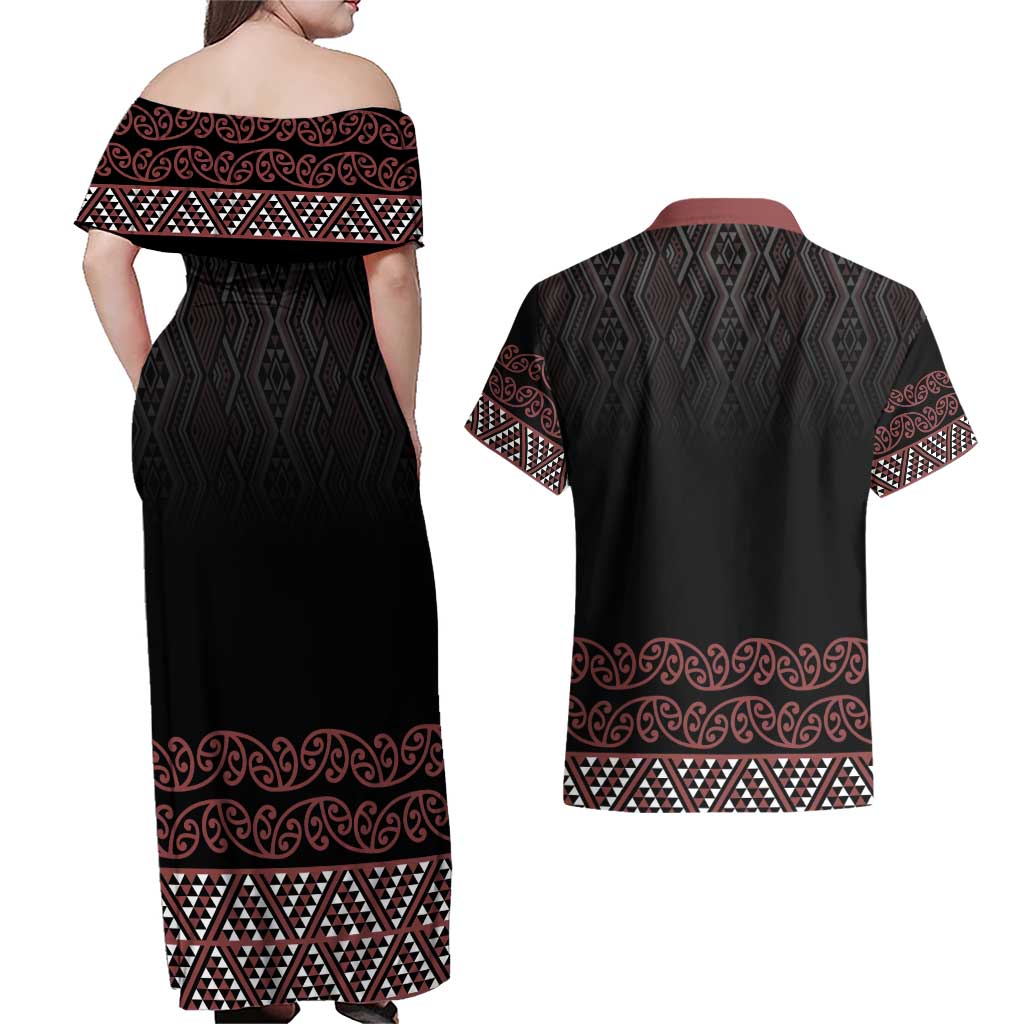 Maori Taniko Patterns Couples Matching Off Shoulder Maxi Dress and Hawaiian Shirt Brown Niho Taniwha Mix Paatiki Motifs