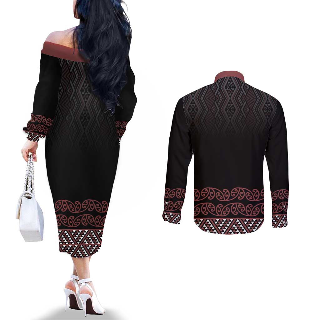 Maori Taniko Patterns Couples Matching Off The Shoulder Long Sleeve Dress and Long Sleeve Button Shirt Brown Niho Taniwha Mix Paatiki Motifs