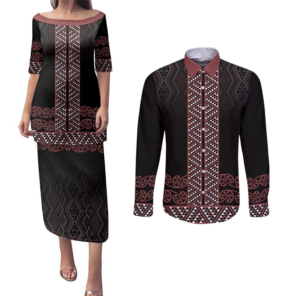 Maori Taniko Patterns Couples Matching Puletasi and Long Sleeve Button Shirt Brown Niho Taniwha Mix Paatiki Motifs
