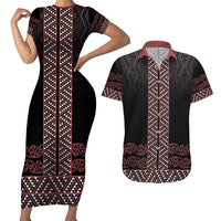 Maori Taniko Patterns Couples Matching Short Sleeve Bodycon Dress and Hawaiian Shirt Brown Niho Taniwha Mix Paatiki Motifs