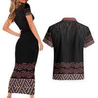 Maori Taniko Patterns Couples Matching Short Sleeve Bodycon Dress and Hawaiian Shirt Brown Niho Taniwha Mix Paatiki Motifs