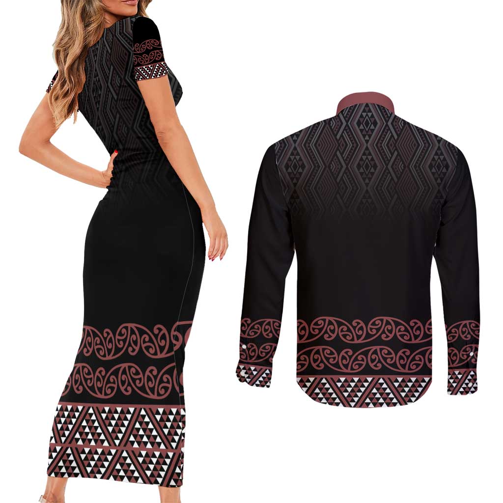 Maori Taniko Patterns Couples Matching Short Sleeve Bodycon Dress and Long Sleeve Button Shirt Brown Niho Taniwha Mix Paatiki Motifs