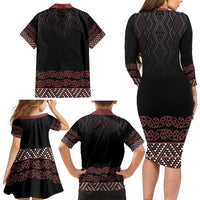 Maori Taniko Patterns Family Matching Long Sleeve Bodycon Dress and Hawaiian Shirt Brown Niho Taniwha Mix Paatiki Motifs LT7 - Polynesian Pride