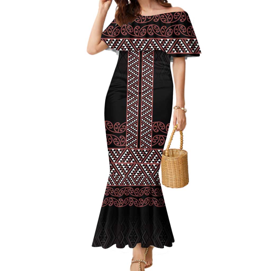 Maori Taniko Patterns Family Matching Mermaid Dress and Hawaiian Shirt Brown Niho Taniwha Mix Paatiki Motifs LT7 Mom's Dress Brown - Polynesian Pride