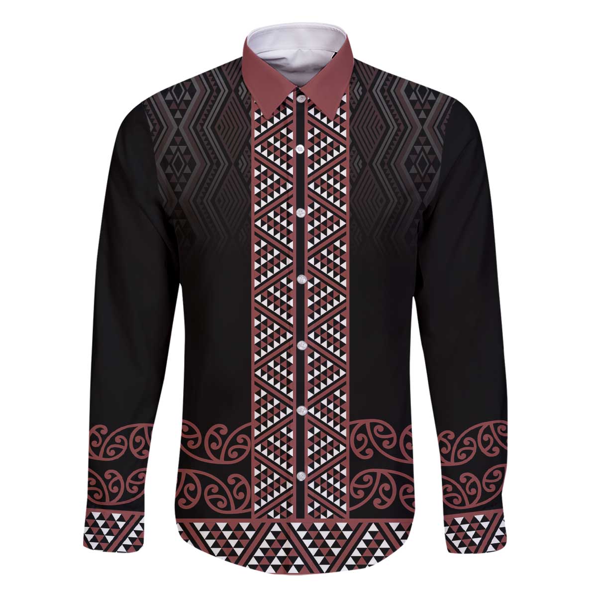 Maori Taniko Patterns Family Matching Off The Shoulder Long Sleeve Dress and Hawaiian Shirt Brown Niho Taniwha Mix Paatiki Motifs LT7 Dad's Shirt - Long Sleeve Brown - Polynesian Pride