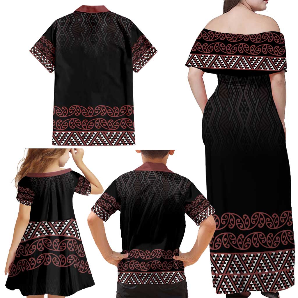 Maori Taniko Patterns Family Matching Off Shoulder Maxi Dress and Hawaiian Shirt Brown Niho Taniwha Mix Paatiki Motifs LT7 - Polynesian Pride