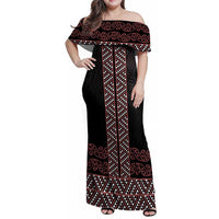 Maori Taniko Patterns Family Matching Off Shoulder Maxi Dress and Hawaiian Shirt Brown Niho Taniwha Mix Paatiki Motifs LT7 Mom's Dress Brown - Polynesian Pride