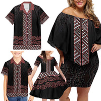 Maori Taniko Patterns Family Matching Off Shoulder Short Dress and Hawaiian Shirt Brown Niho Taniwha Mix Paatiki Motifs LT7 - Polynesian Pride