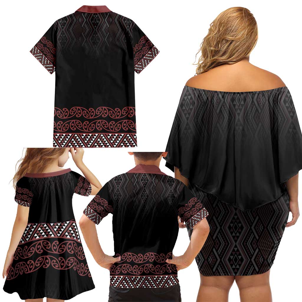Maori Taniko Patterns Family Matching Off Shoulder Short Dress and Hawaiian Shirt Brown Niho Taniwha Mix Paatiki Motifs LT7 - Polynesian Pride