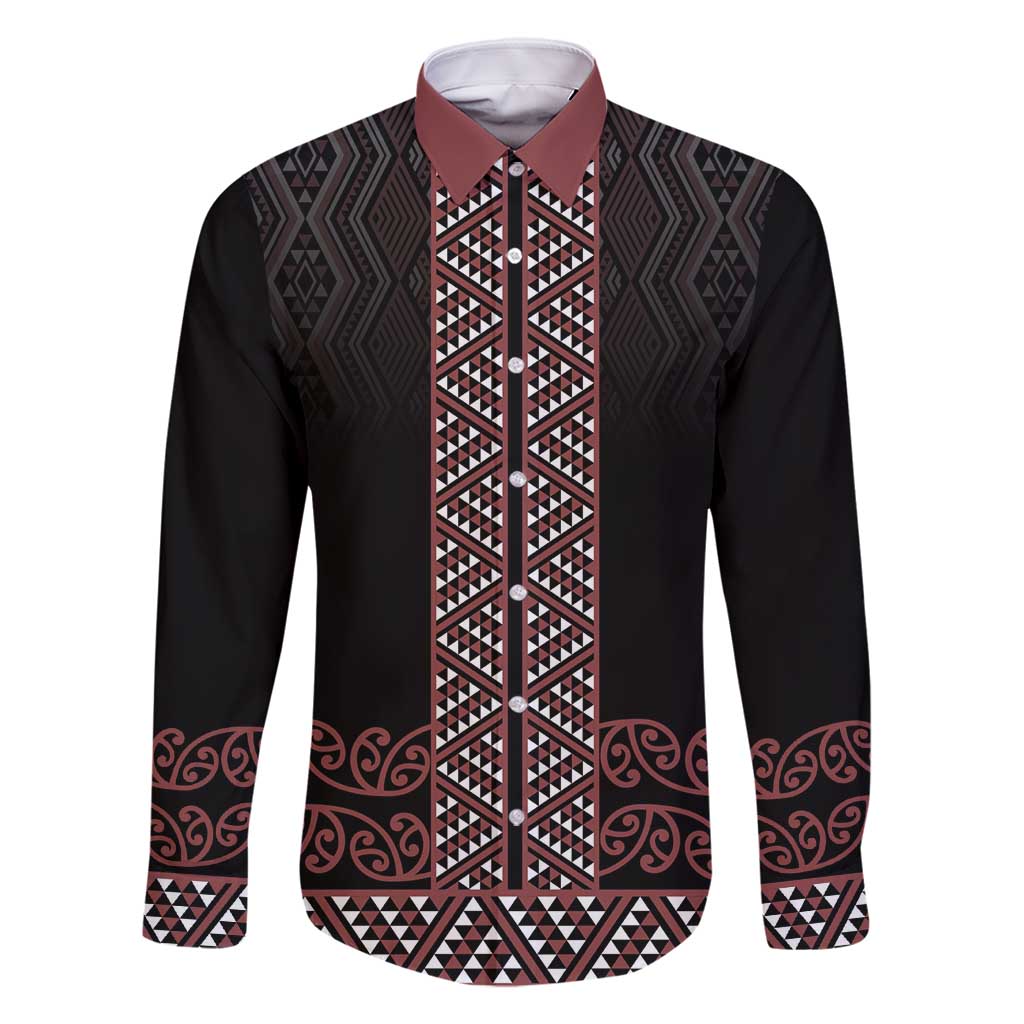 Maori Taniko Patterns Family Matching Off Shoulder Short Dress and Hawaiian Shirt Brown Niho Taniwha Mix Paatiki Motifs LT7 Dad's Shirt - Long Sleeve Brown - Polynesian Pride