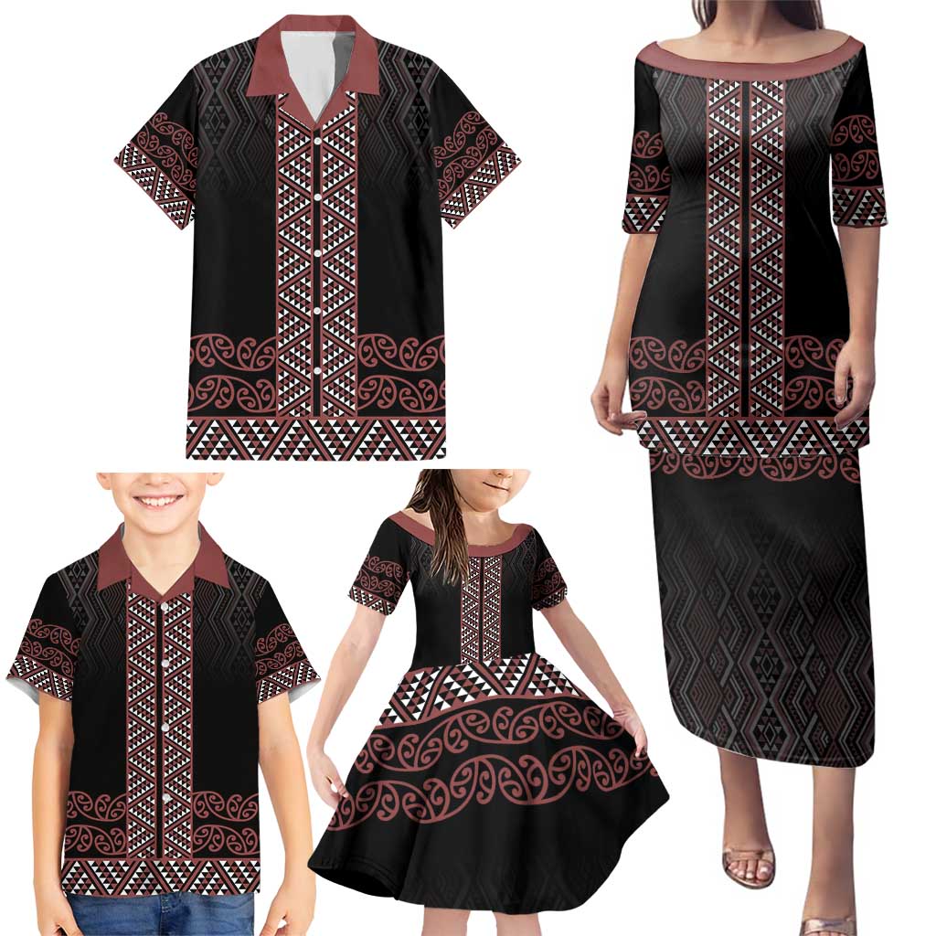Maori Taniko Patterns Family Matching Puletasi and Hawaiian Shirt Brown Niho Taniwha Mix Paatiki Motifs LT7 - Polynesian Pride