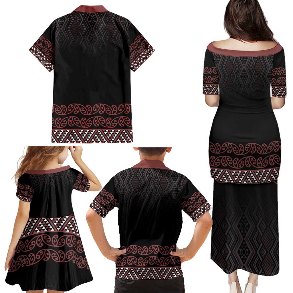 Maori Taniko Patterns Family Matching Puletasi and Hawaiian Shirt Brown Niho Taniwha Mix Paatiki Motifs