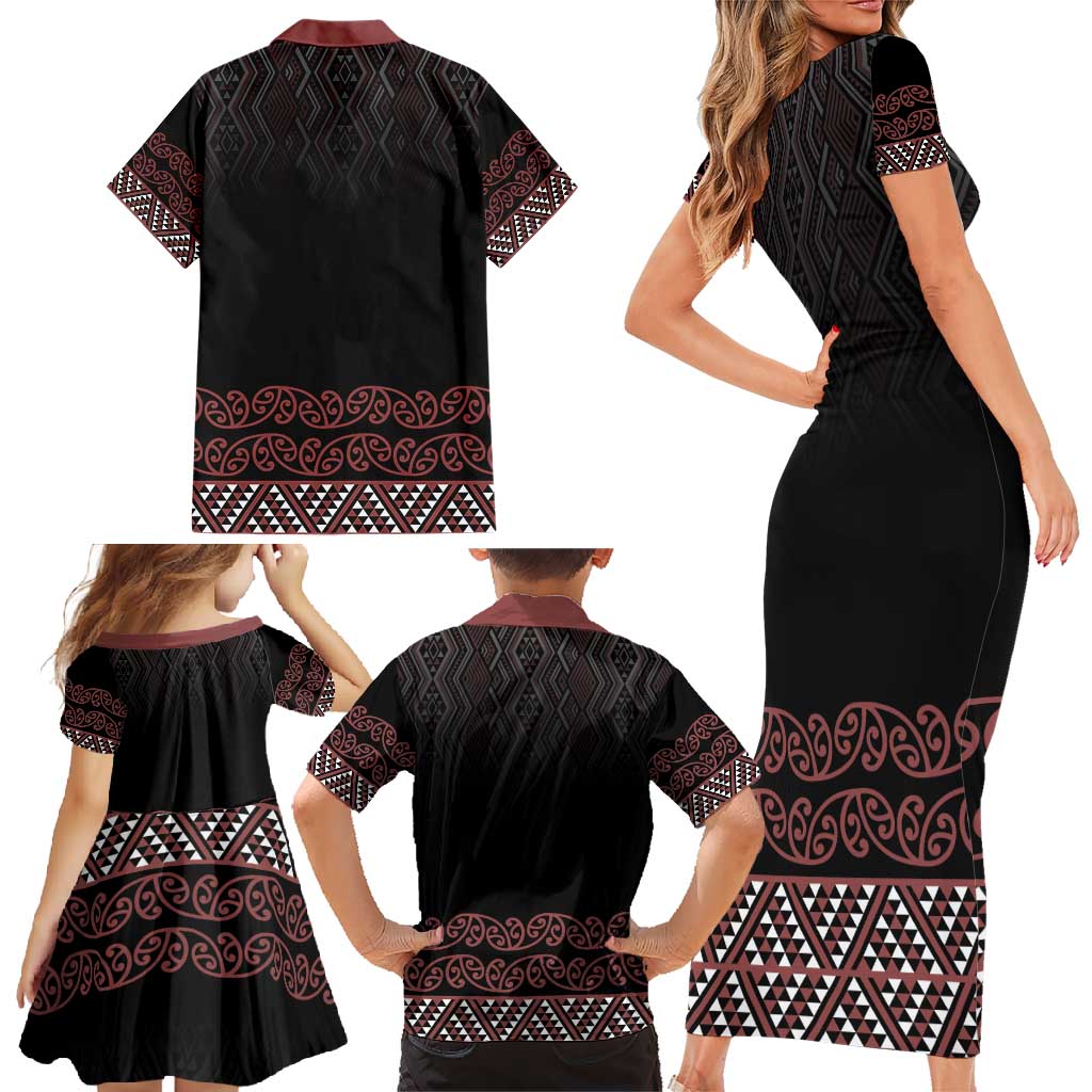 Maori Taniko Patterns Family Matching Short Sleeve Bodycon Dress and Hawaiian Shirt Brown Niho Taniwha Mix Paatiki Motifs LT7 - Polynesian Pride