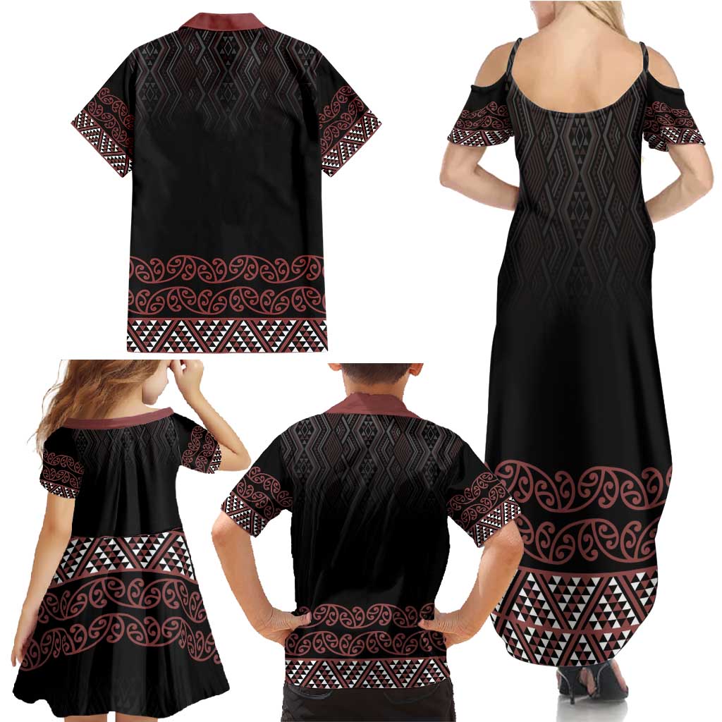 Maori Taniko Patterns Family Matching Summer Maxi Dress and Hawaiian Shirt Brown Niho Taniwha Mix Paatiki Motifs LT7 - Polynesian Pride