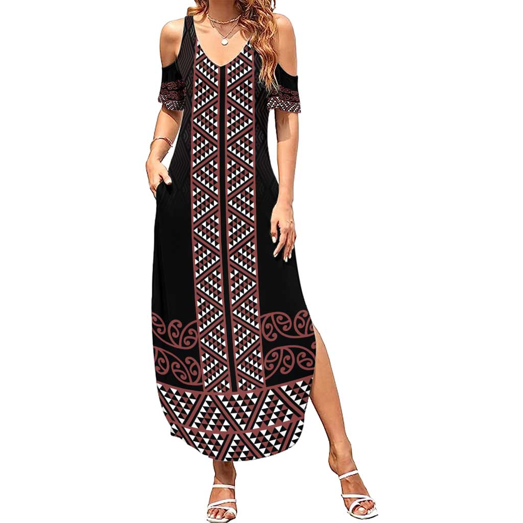 Maori Taniko Patterns Family Matching Summer Maxi Dress and Hawaiian Shirt Brown Niho Taniwha Mix Paatiki Motifs LT7 Mom's Dress Brown - Polynesian Pride