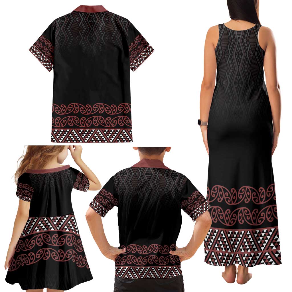 Maori Taniko Patterns Family Matching Tank Maxi Dress and Hawaiian Shirt Brown Niho Taniwha Mix Paatiki Motifs LT7 - Polynesian Pride