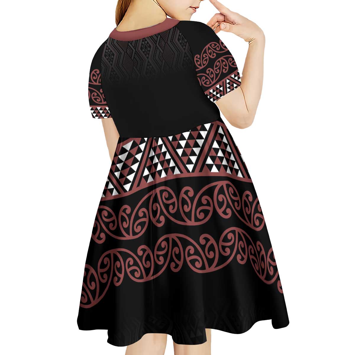 Maori Taniko Patterns Kid Short Sleeve Dress Brown Niho Taniwha Mix Paatiki Motifs