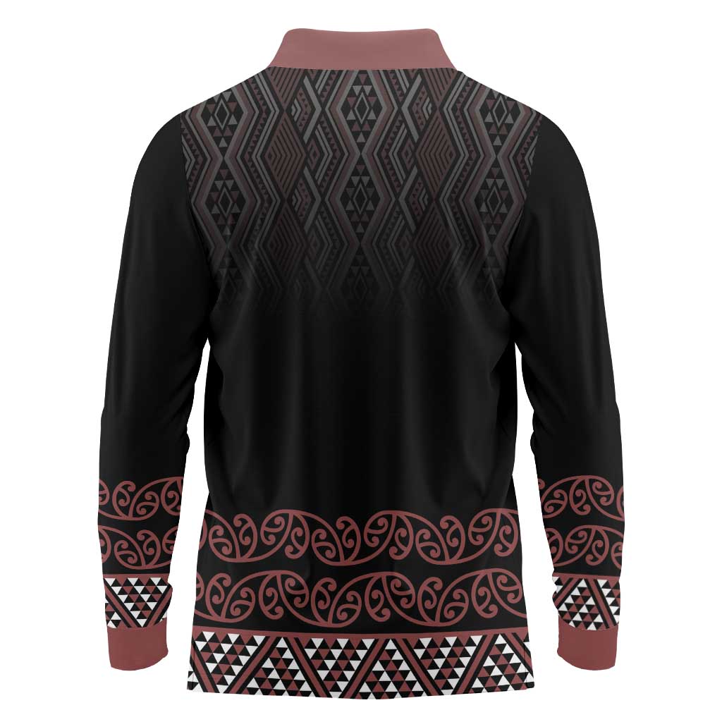 Maori Taniko Patterns Long Sleeve Polo Shirt Brown Niho Taniwha Mix Paatiki Motifs