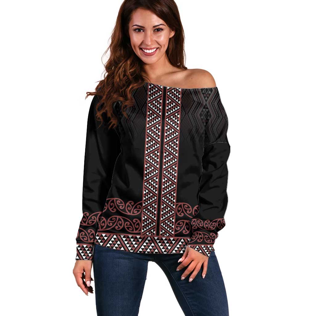 Maori Taniko Patterns Off Shoulder Sweater Brown Niho Taniwha Mix Paatiki Motifs