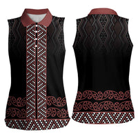 Maori Taniko Patterns Women Sleeveless Polo Shirt Brown Niho Taniwha Mix Paatiki Motifs